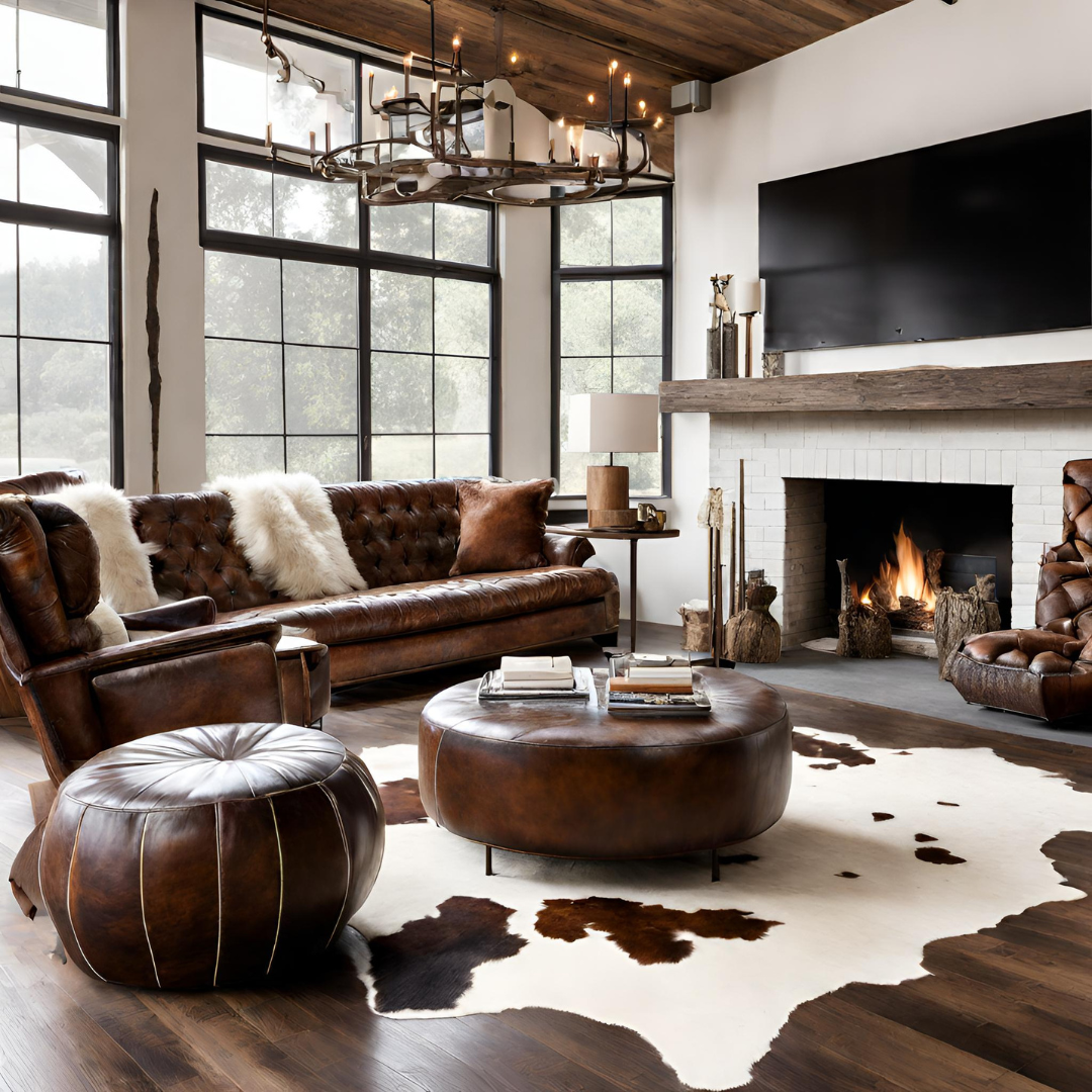 cowhide rug in living room - rustic modern home