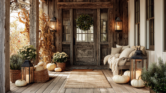 Modern Rustic Porch with Lanterns and Fall Decor - Farmhouse Porch Decorating Ideas