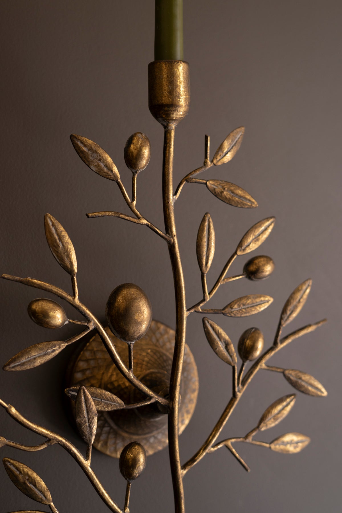 Decorative wall sconce with leaf and acorn design on a dark background