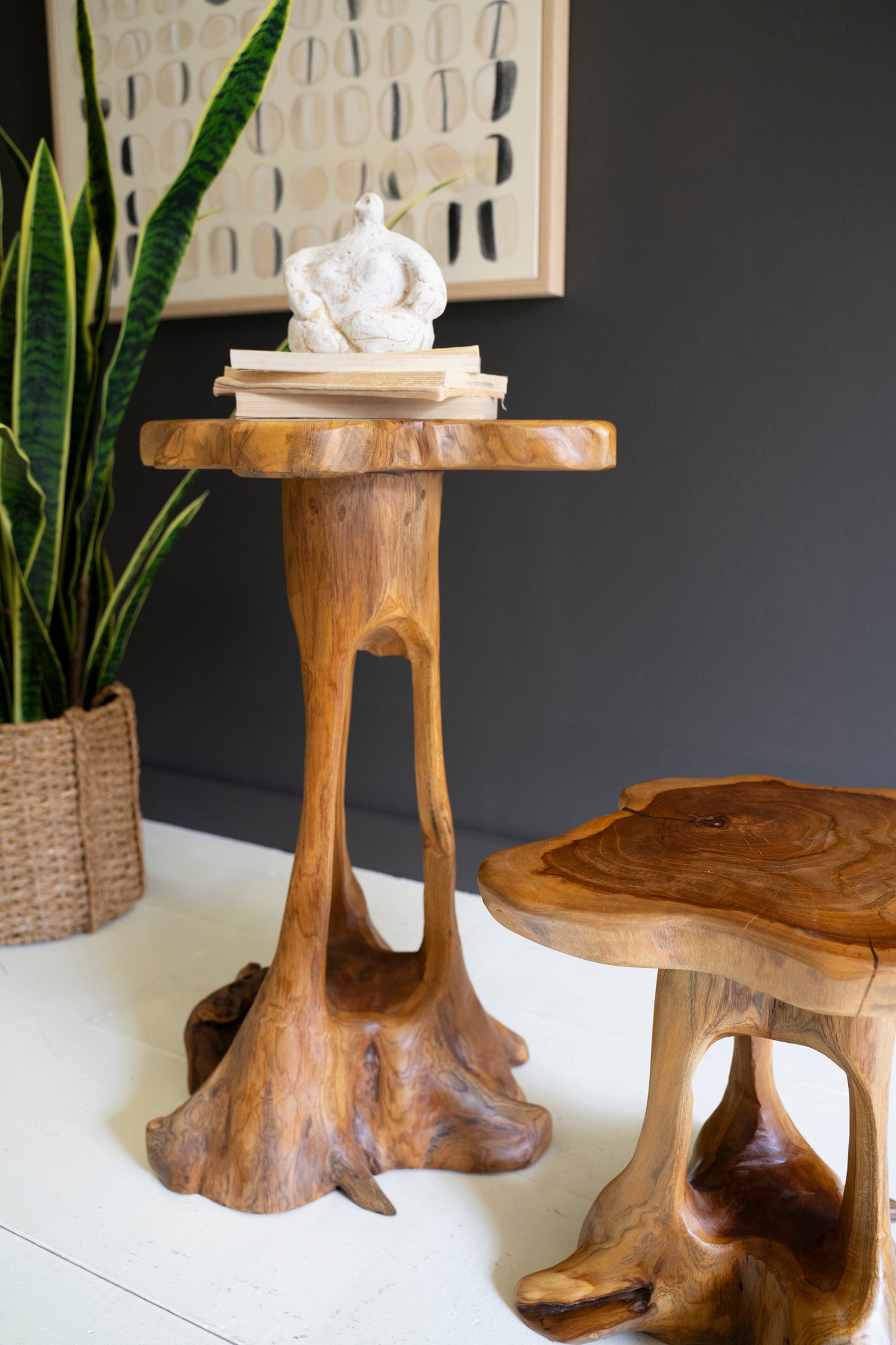 OrganicTeakwoodAccentTables-SetofTwo-3 - Wooden side table with a plant and decorative items against a dark wall.