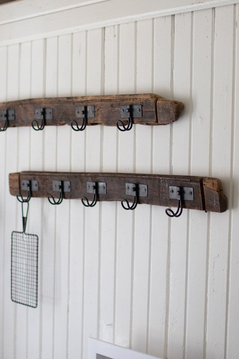Recycled Wood Coat Rack With 5 Wire Hooks - Set of 2