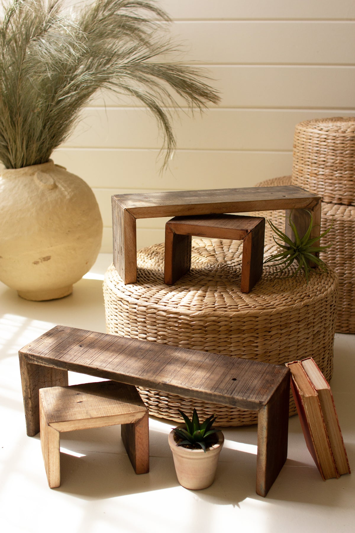 RecycledWoodNestingRectangleRisers-2 on woven baskets, modern rustic home decor.