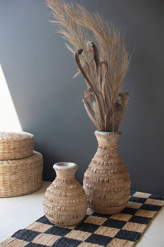 Carved Wooden Vases - Set of Two