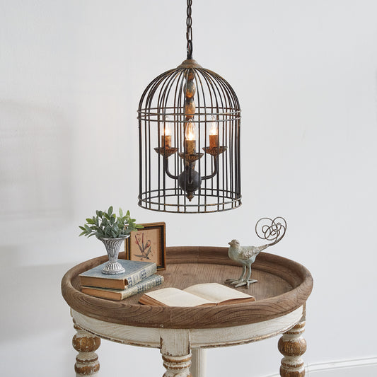 A rustic bird cage pendant light with a metal cage design hanging over a wooden table with a decorative item and books on it.