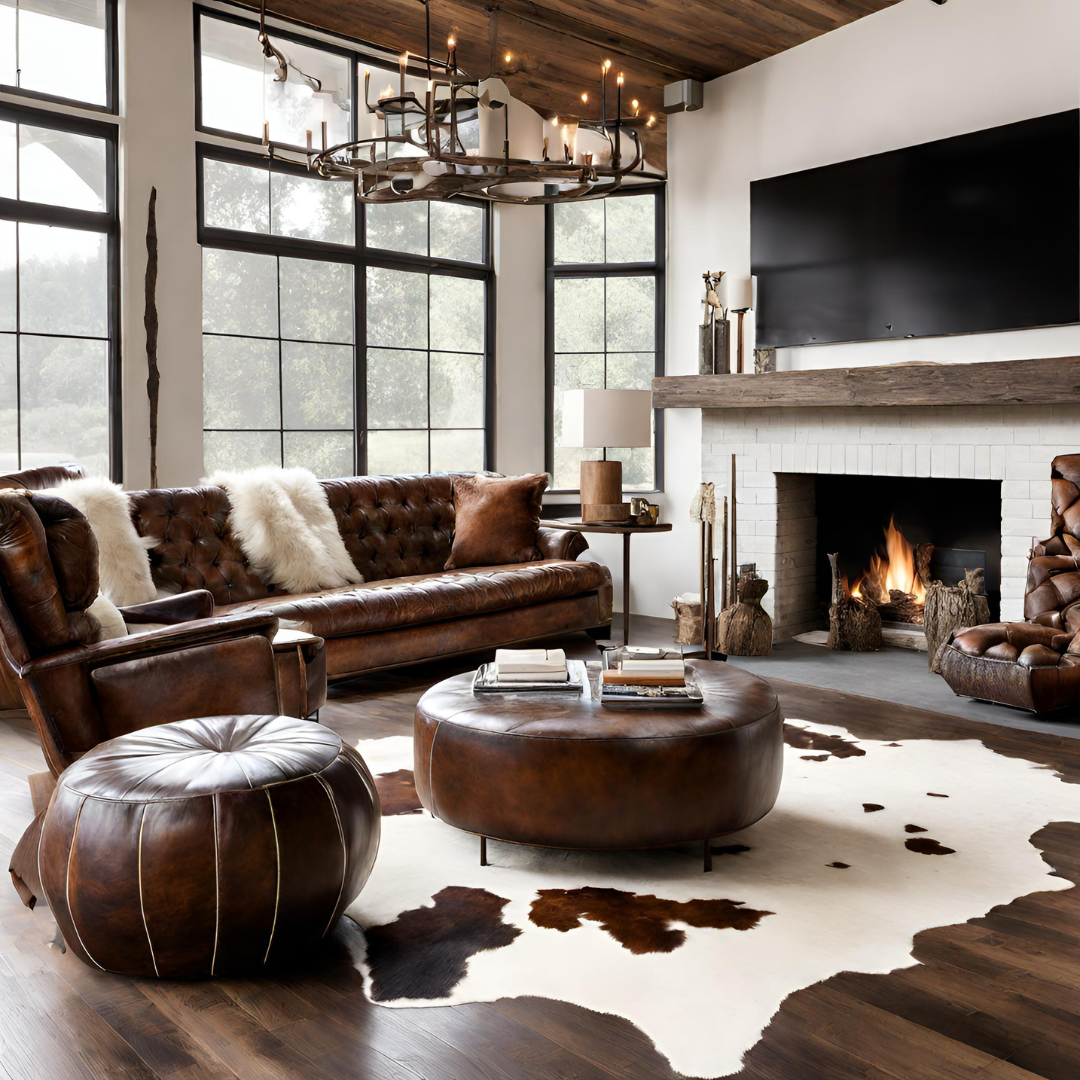 cowhide rug in living room - rustic modern home 