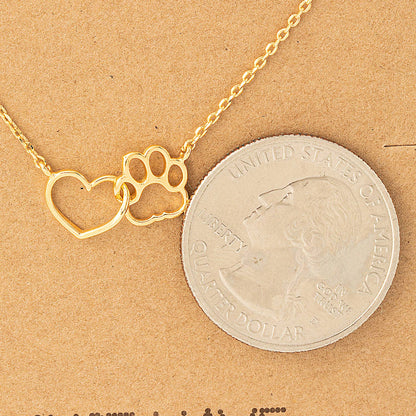 Dog Paw Heart Cutout Pendant Necklace: Gold