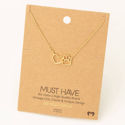 Dog Paw Heart Cutout Pendant Necklace: Gold
