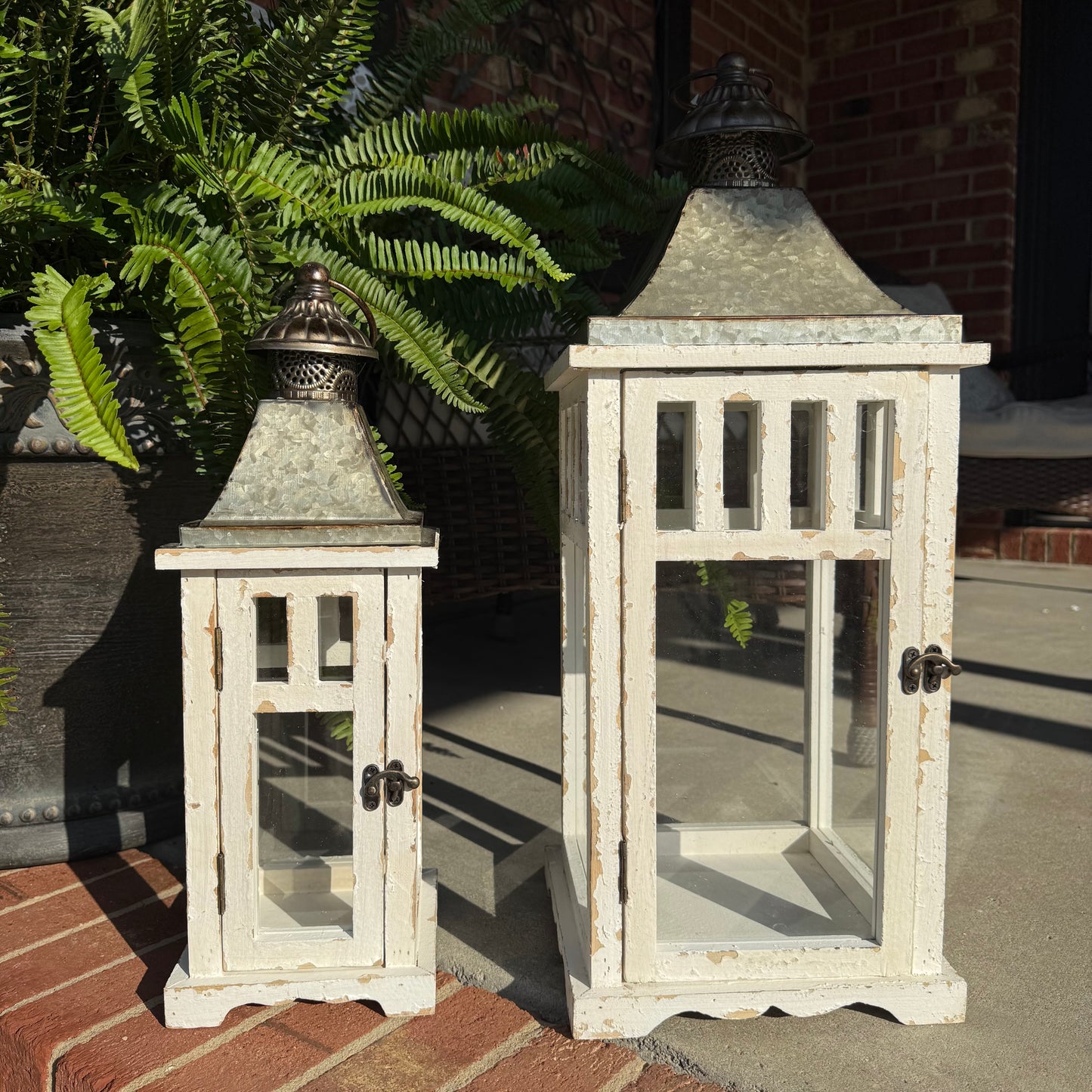 Modern Rustic White Distressed Lanterns - Set of Two
