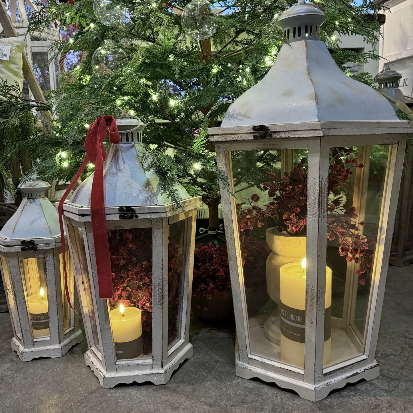 Large Rustic White Wood Lanterns - Set of Three
