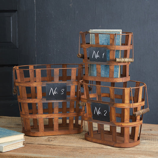 Rustic Metal Storage Baskets with Numbers - Set of 3