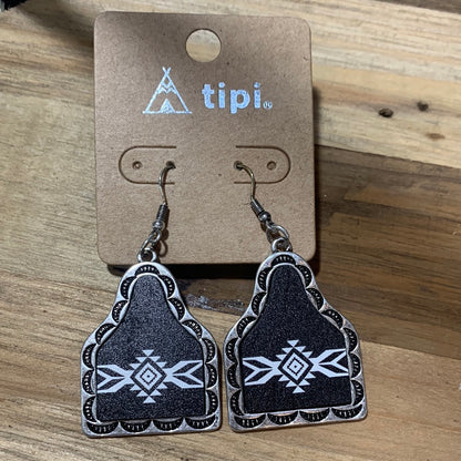 Silver and Black Cattle Tag Earrings