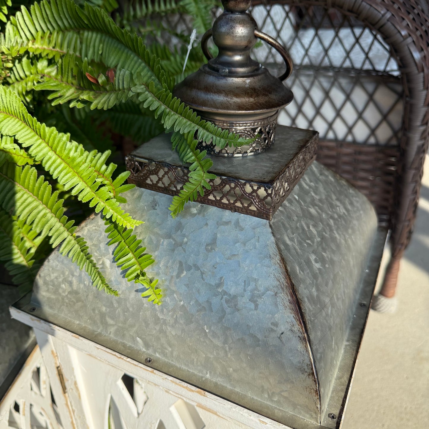 White Open Lanterns with Metal Top - Set of Two