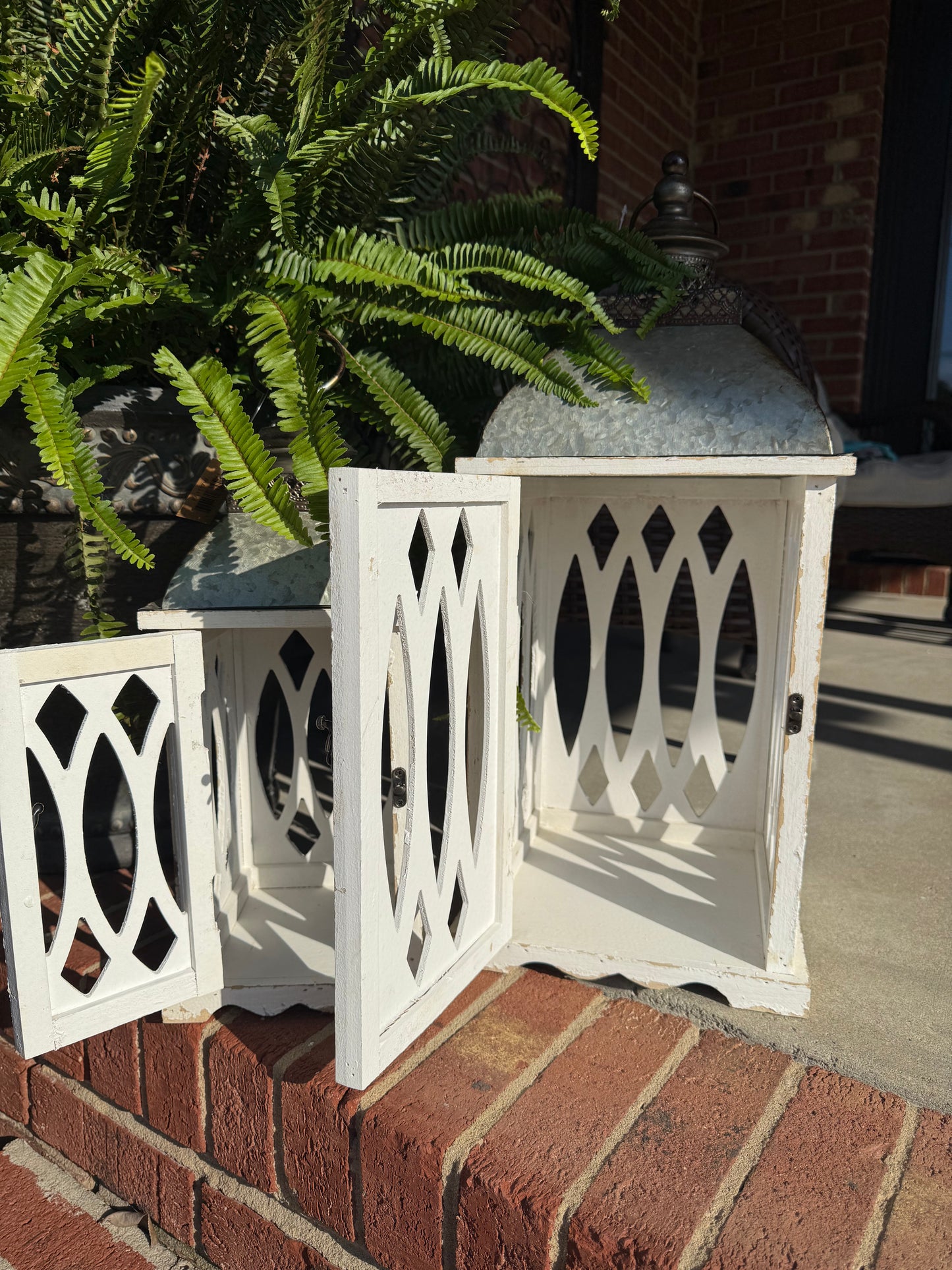 White Open Lanterns with Metal Top - Set of Two