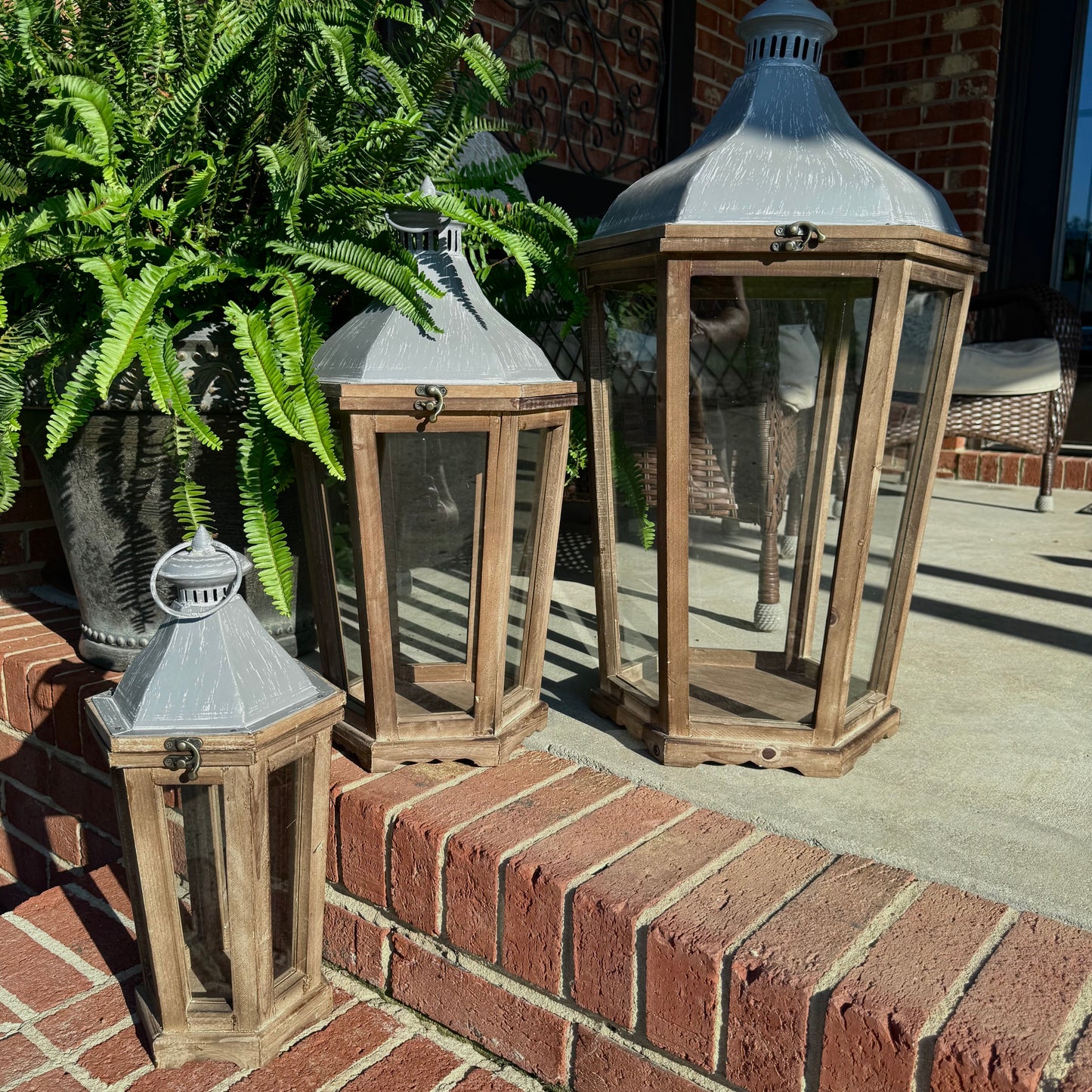 Large Rustic Natural Wood Lanterns - Set of Three