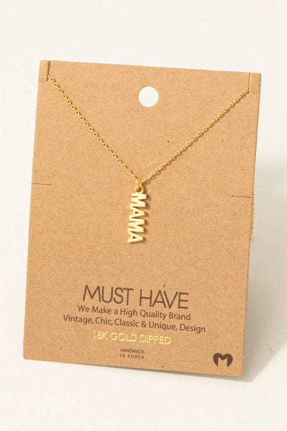 Gold Dipped Flat Mama Pendant Necklace - Gold