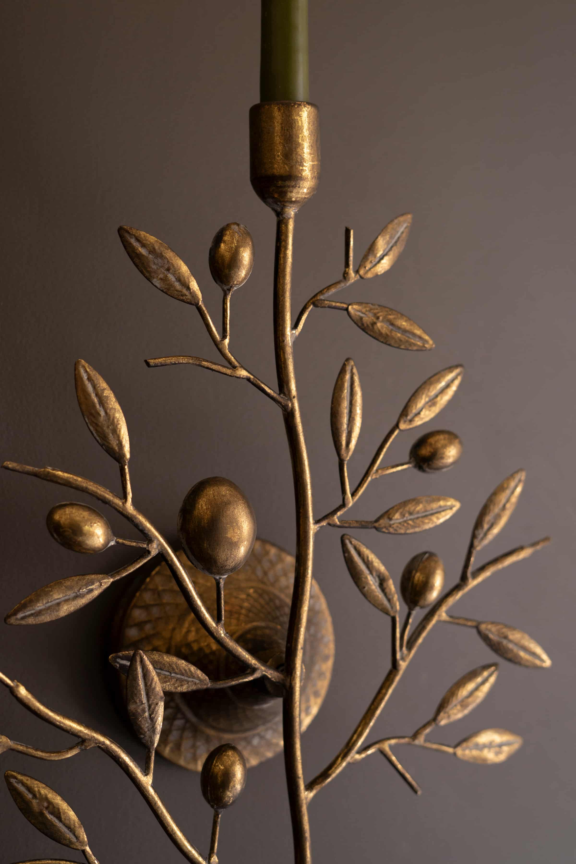 Decorative wall sconce with leaf and acorn design on a dark background