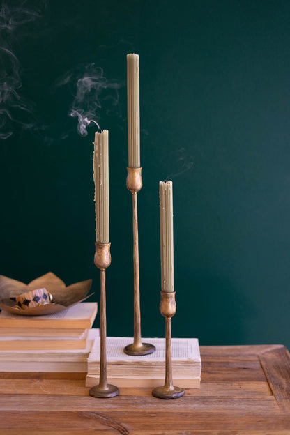 Antique Brass Metal Taper Candle Holders - Set Of 3