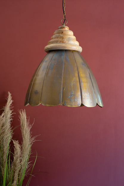 Small Antique Brass Pendant Light with Wood Detail