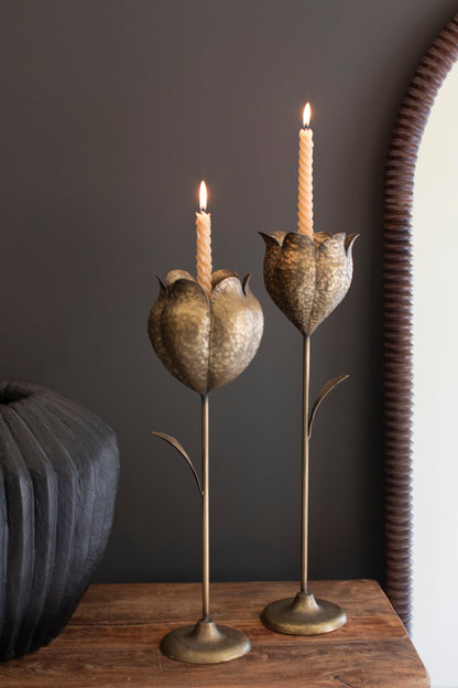 Antique Brass Tulip Taper Candle Holders - Set of 2