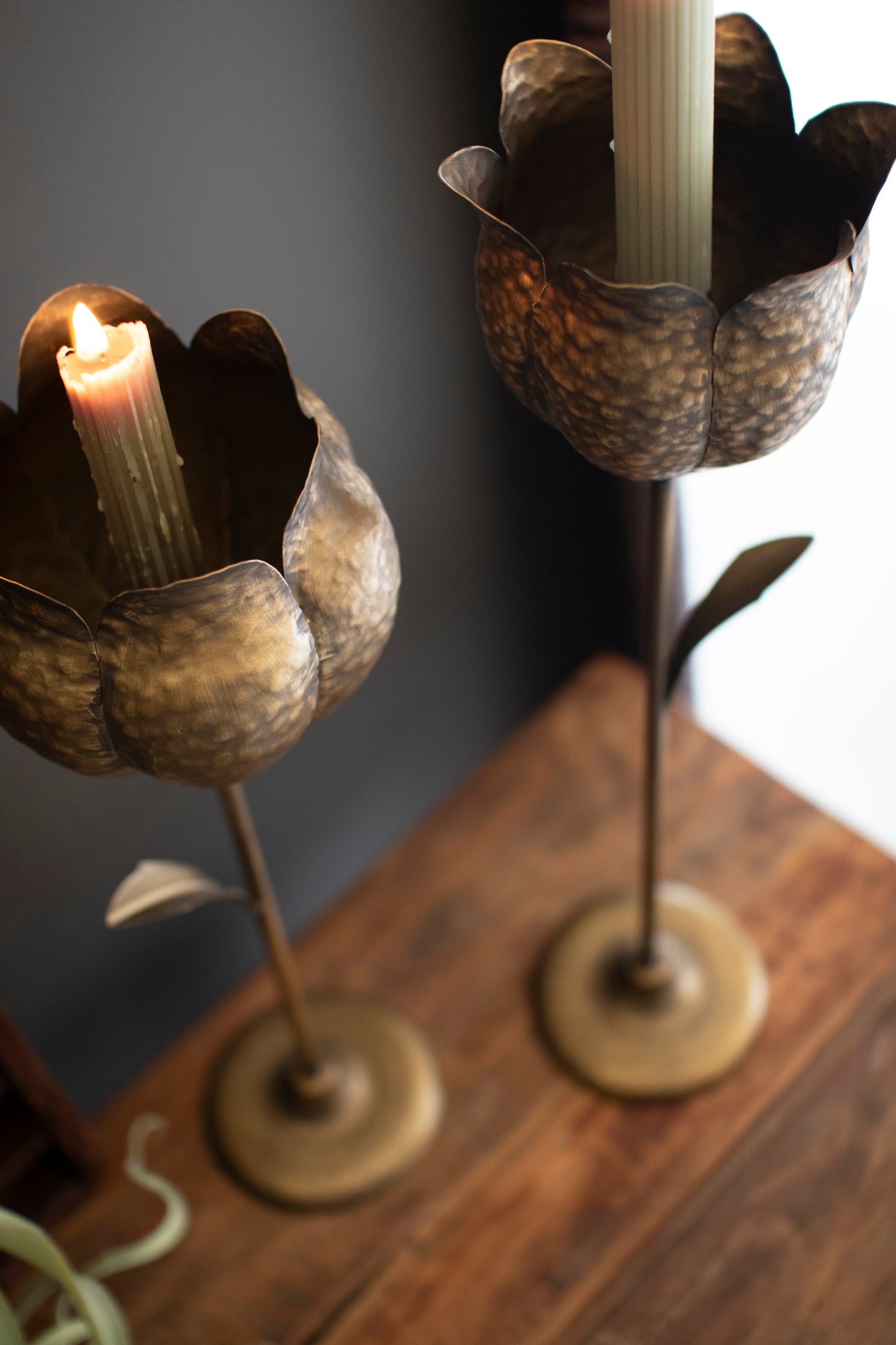 Antique Brass Tulip Taper Candle Holders - Set of 2