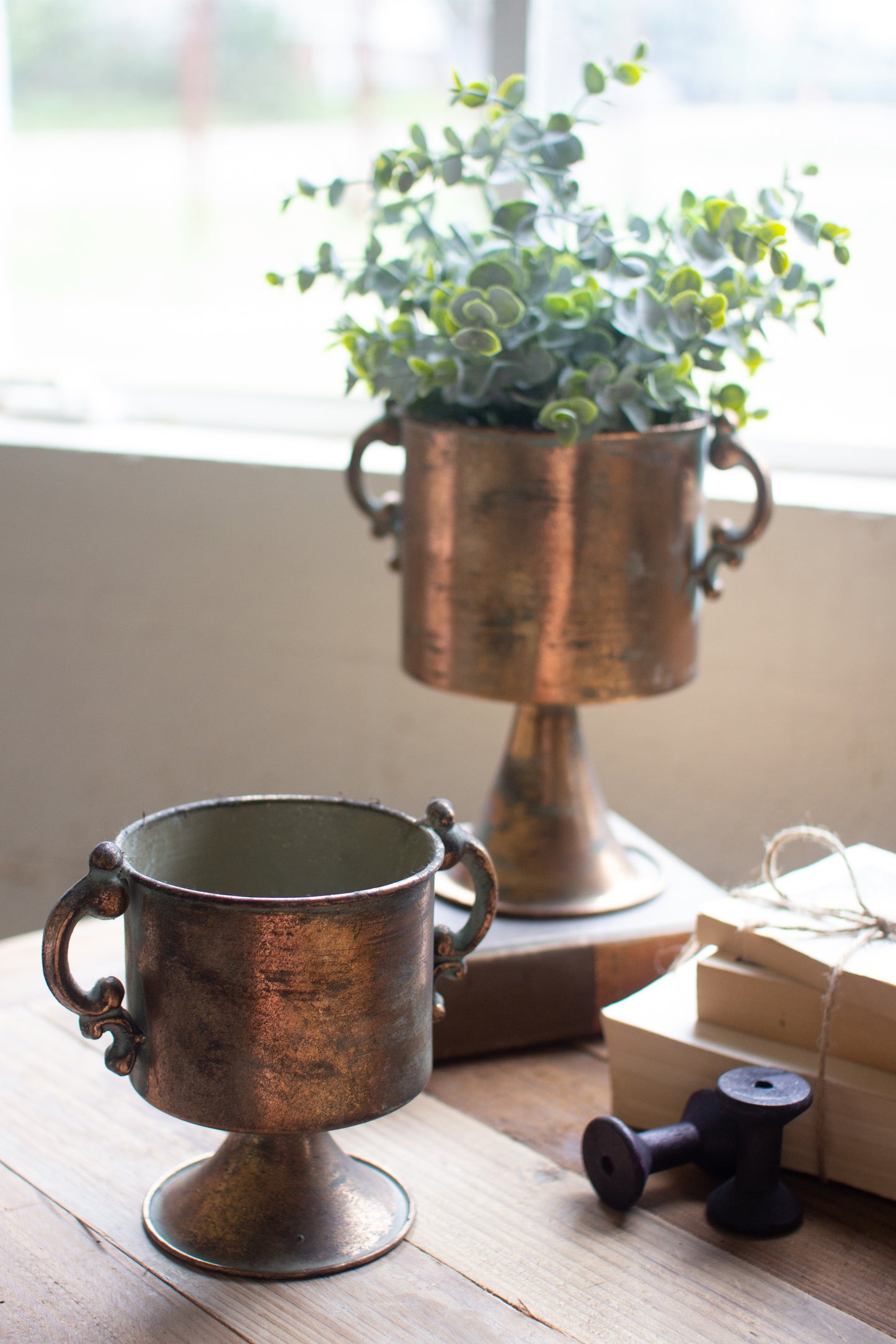 Antique Copper Finish Planters With Handles - Set of 2