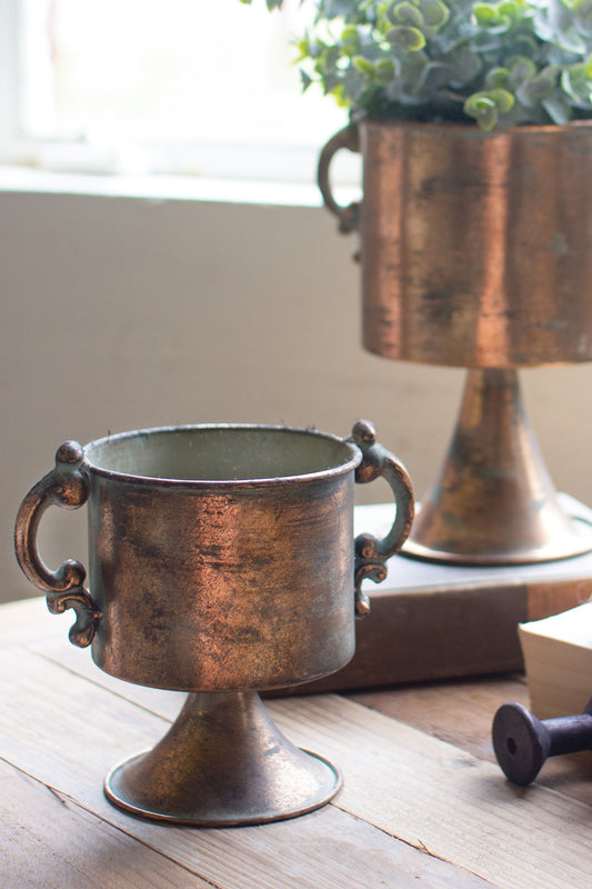 Antique Copper Finish Planters With Handles - Set of 2