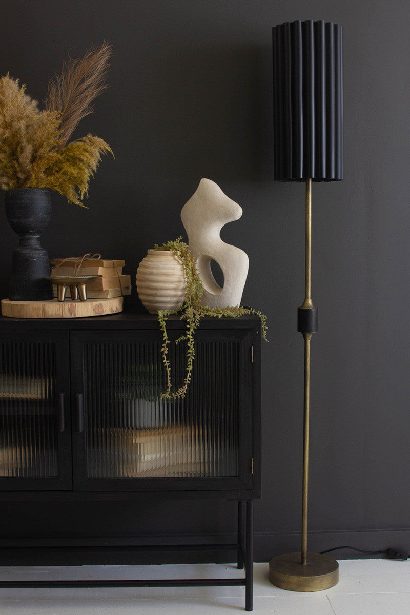 Antique Gold Floor Lamp With Fluted Black Metal Shade