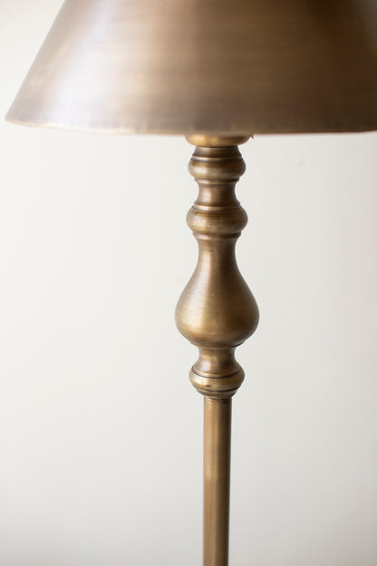 Antique Gold Double Floor Lamp with Metal Shades showing the intricate finial and shade detail in warm antique gold finish.