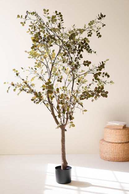 ArtificialCrepeMyrtleTreeinaBlackPlasticPot-1 - Potted artificial tree in a room with a neutral background