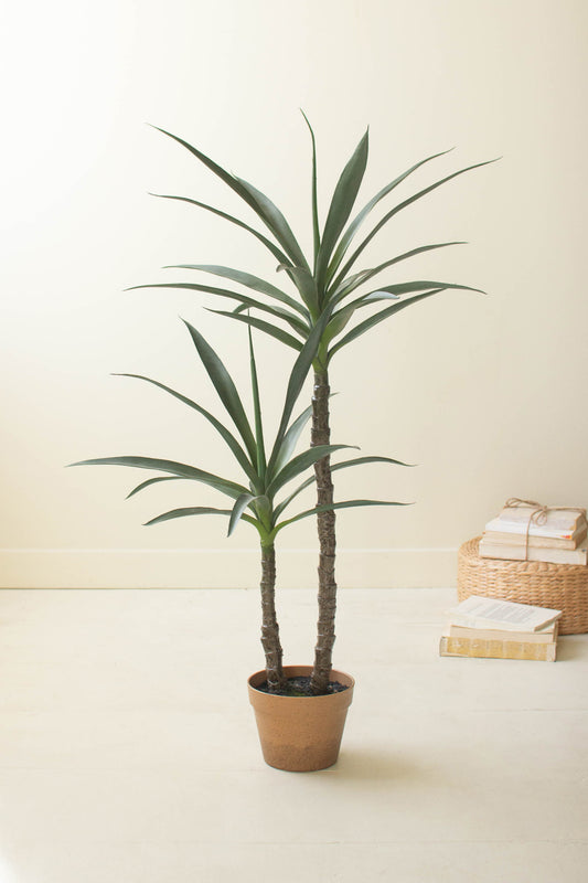 ArtificialHenekenPlantwithFauxTerracottaPot-20 - Potted plant on a white surface with wicker baskets in the background
