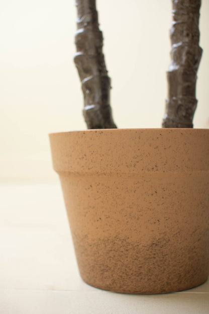 ArtificialHenekenPlantwithFauxTerracottaPot-22 - Terracotta pot with two sticks on a plain background