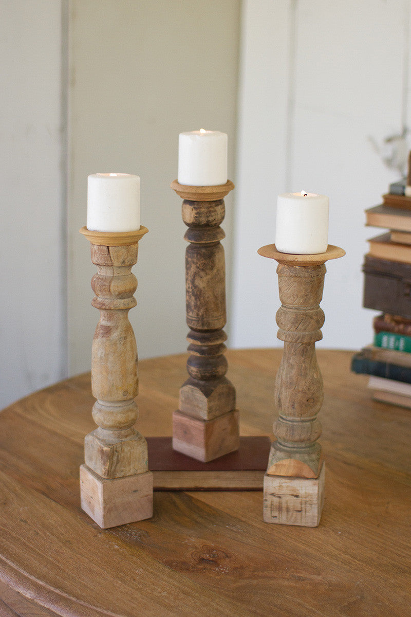 Assorted Wooden Reclaimed Banister Candle Stands - Set Of 3