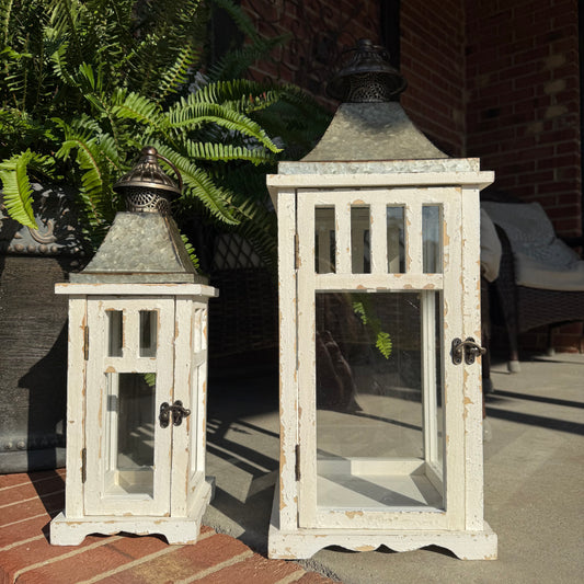 Modern Rustic White Distressed Lanterns - Set of Two