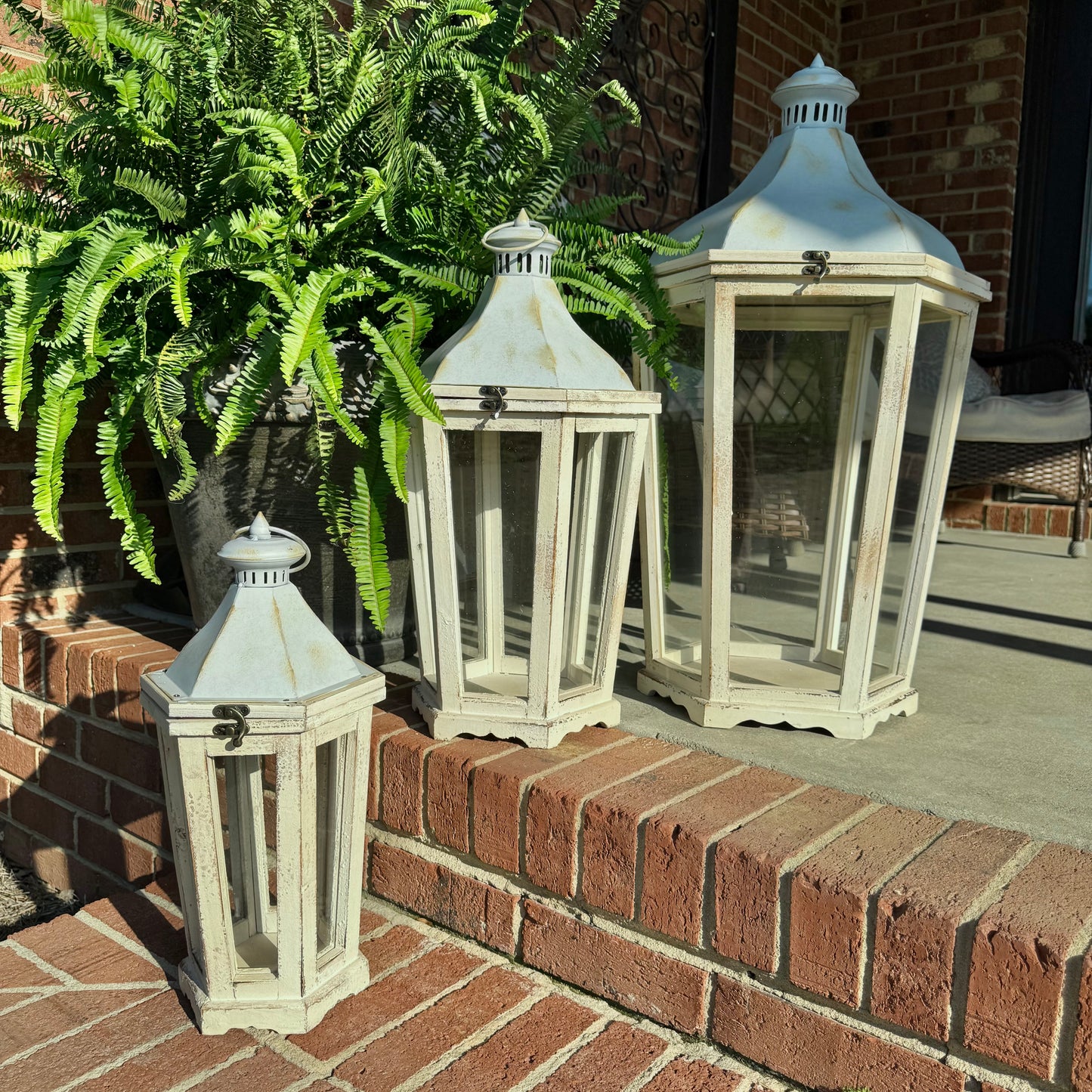 Large Rustic White Wood Lanterns - Set of Three