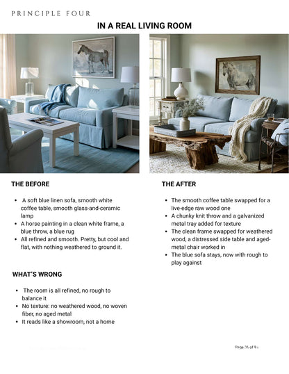 A before-and-after comparison infographic for a blue sofa in a living room