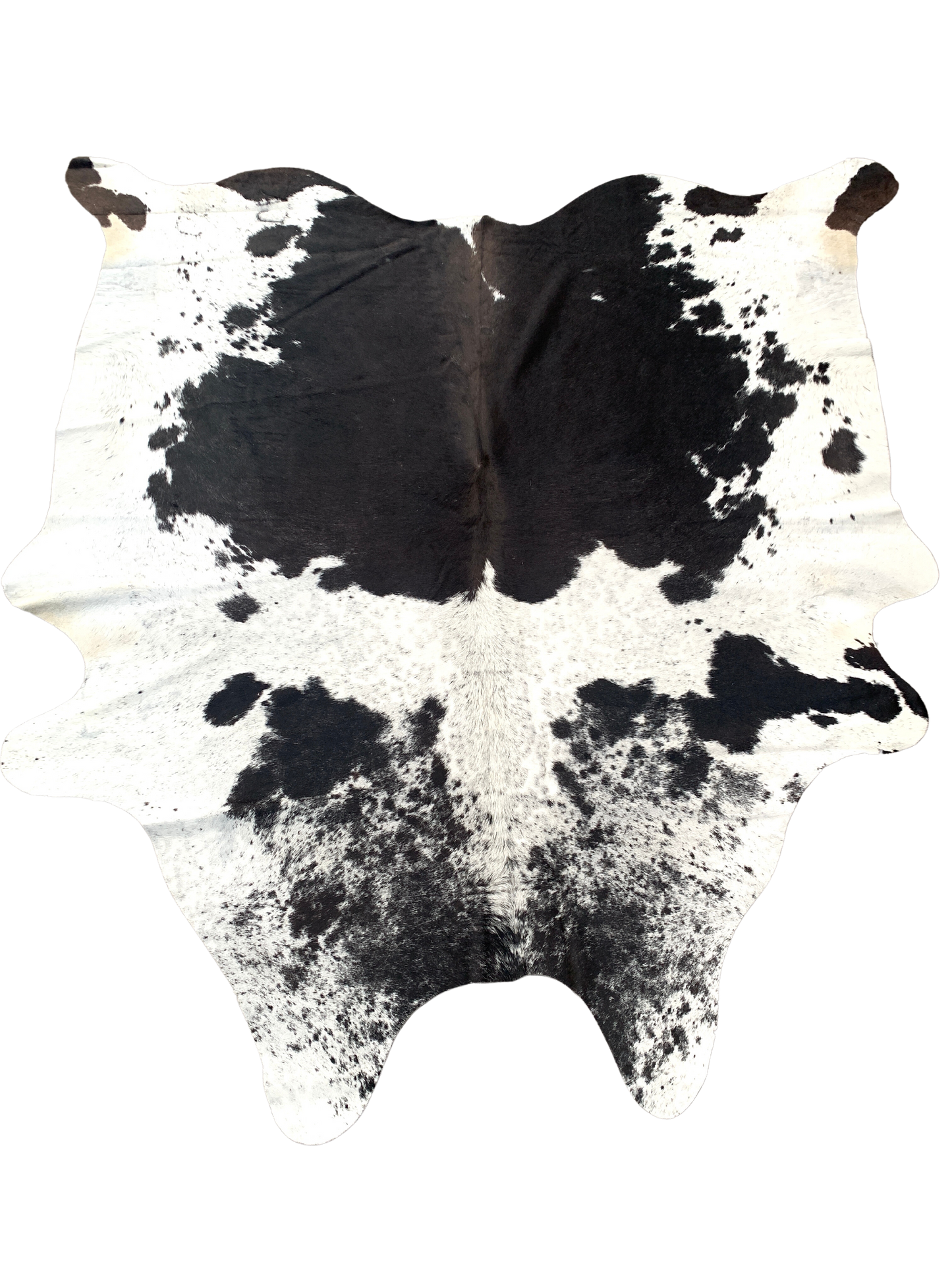 black and white  cowhide rug with beautiful pattern, with natural imperfections due to unique nature of geniune cowhides.