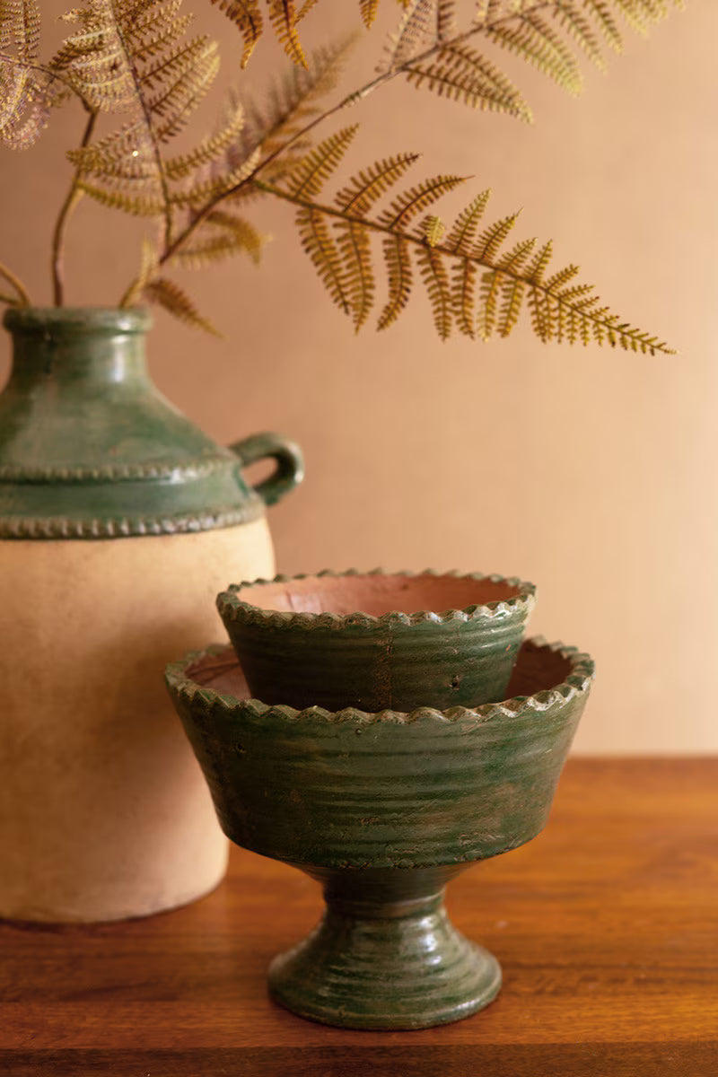 Green and Terracotta Clay Compotes - Set of Two