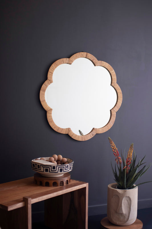 Cane Wrapped Flower Shaped Framed Mirror