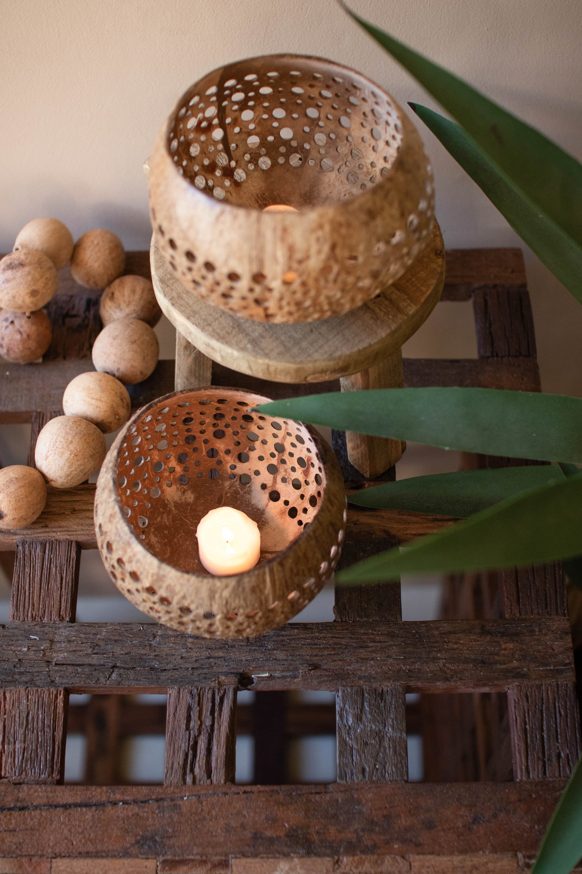 Carved Coconut Luminaries - Set of 2 displayed on a rustic wooden table with subtle candlelight glow.