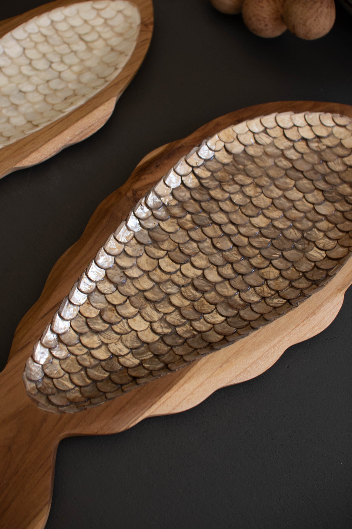 CarvedTeakFishwithCapizDetail-Setof2-2 - Wooden brush with fish-scale pattern on a dark background