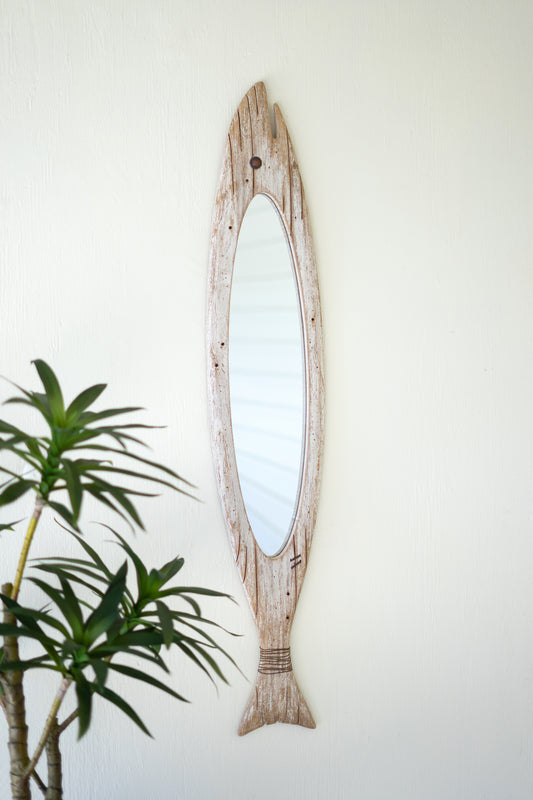 CarvedWoodenFishMirror-3 - Wooden fish-shaped mirror on a white wall with a plant in the foreground