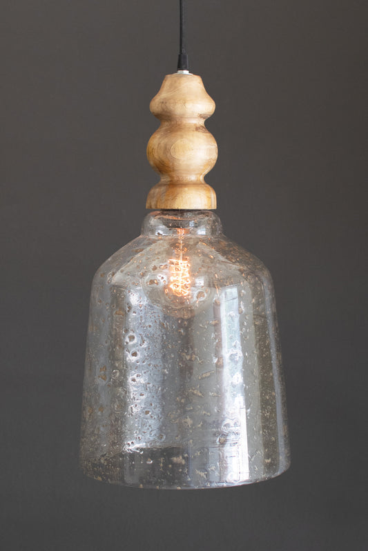 Glass Pendant Light with Wooden Finial featuring a pebbled glass shade and wooden accent, suspended from a cord.