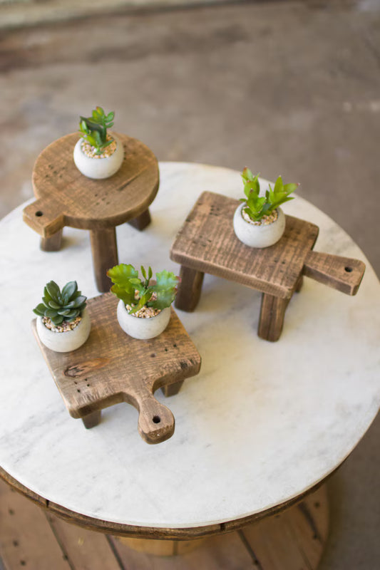 Three rustic wooden cutting board risers or stools, each holding a small potted succulent, arranged on a round white marble-top table in a real indoor setting.