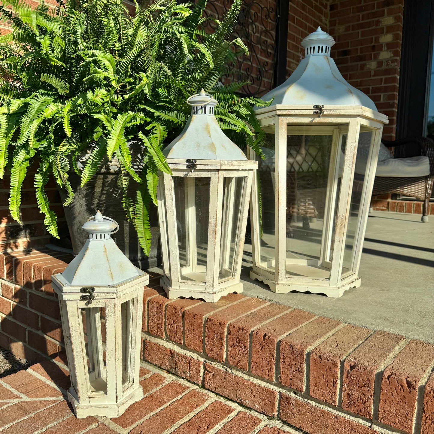 Large Rustic White Wood Lanterns - Set of Three