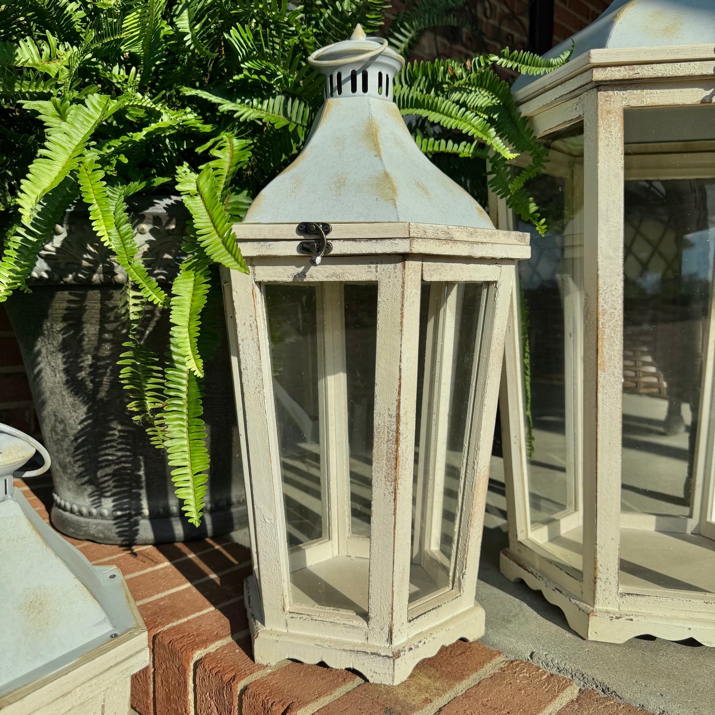 Large Rustic White Wood Lanterns - Set of Three