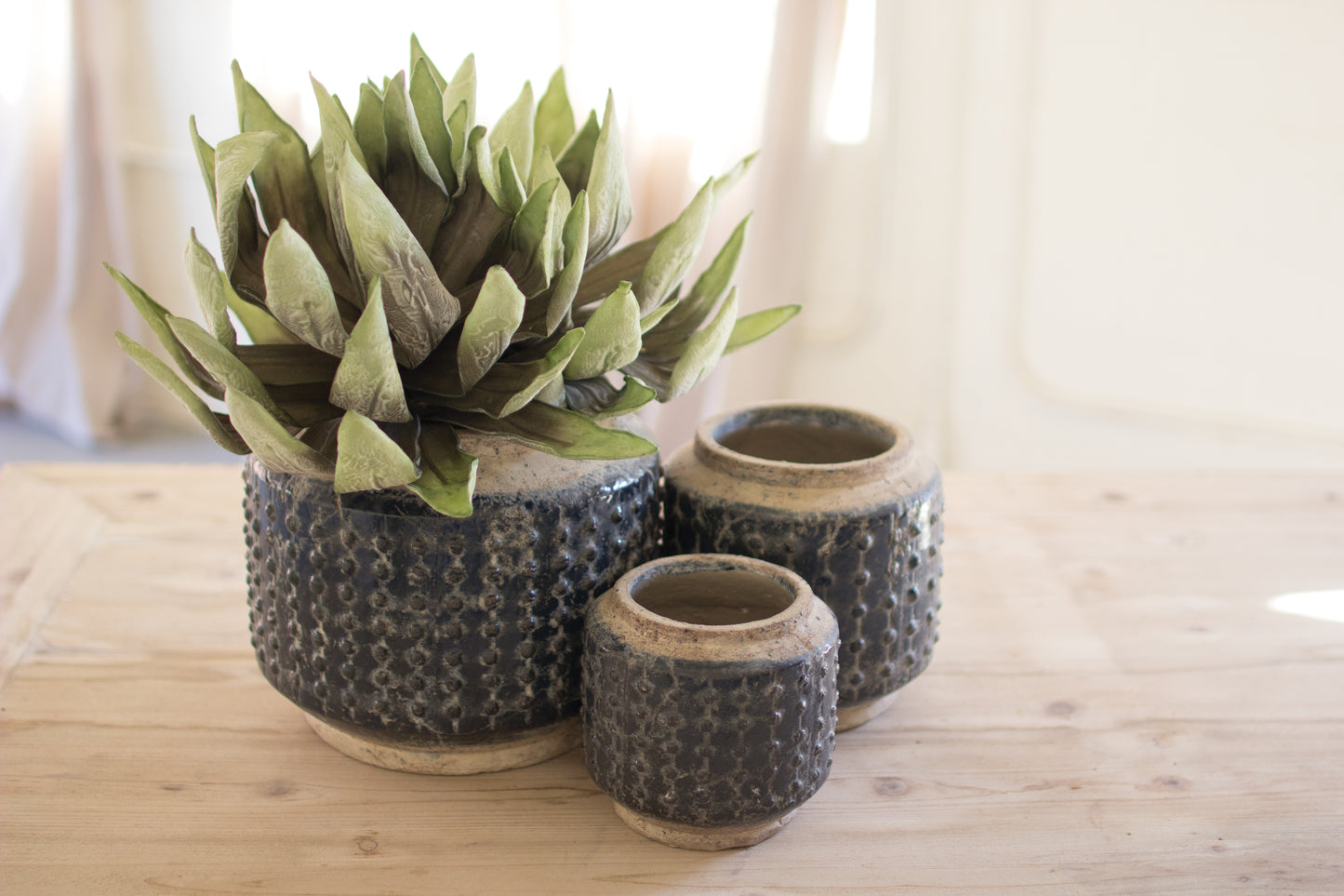 Dark Blue Knobby Ceramic Pots - Set of Three