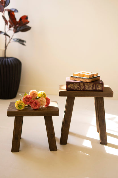 Dark Brown Rectangle Wood Stools - Set of 2
