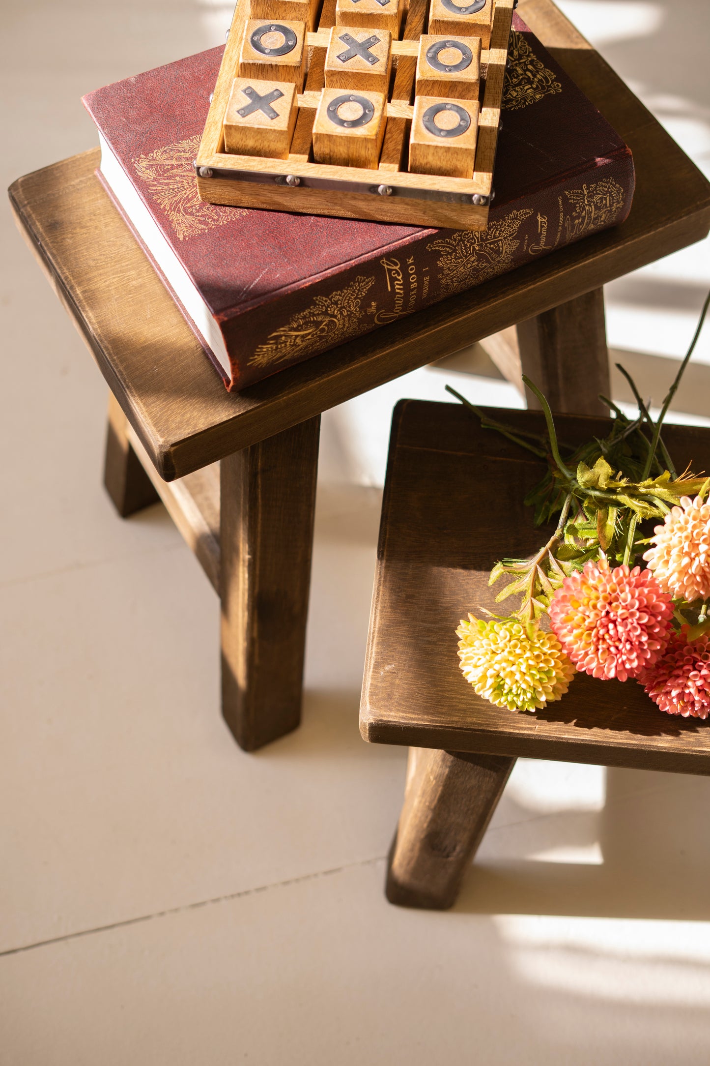 Dark Brown Rectangle Wood Stools - Set of 2