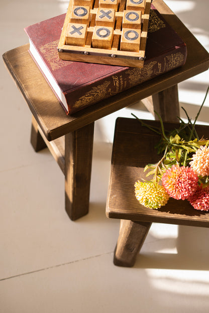Dark Brown Rectangle Wood Stools - Set of 2