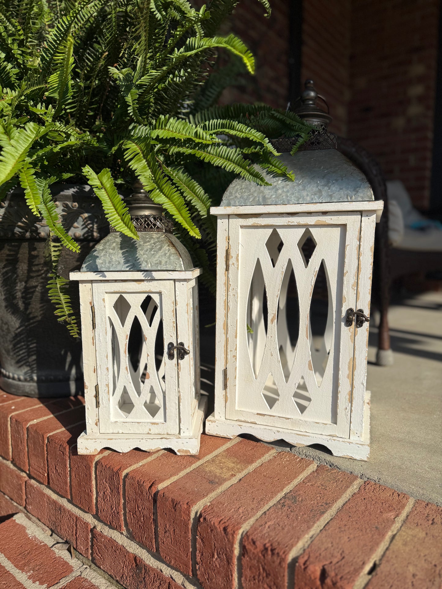 White Open Lanterns with Metal Top - Set of Two